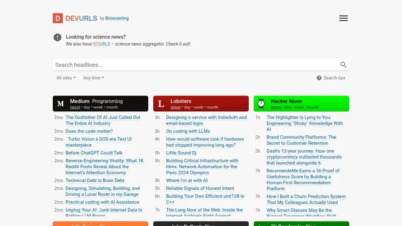 DevURLs – A neat developer news aggregator